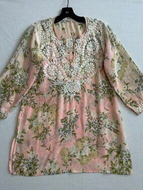 Amaya Embroidered Tunic Kaftan Top Soft Pink Floral 36